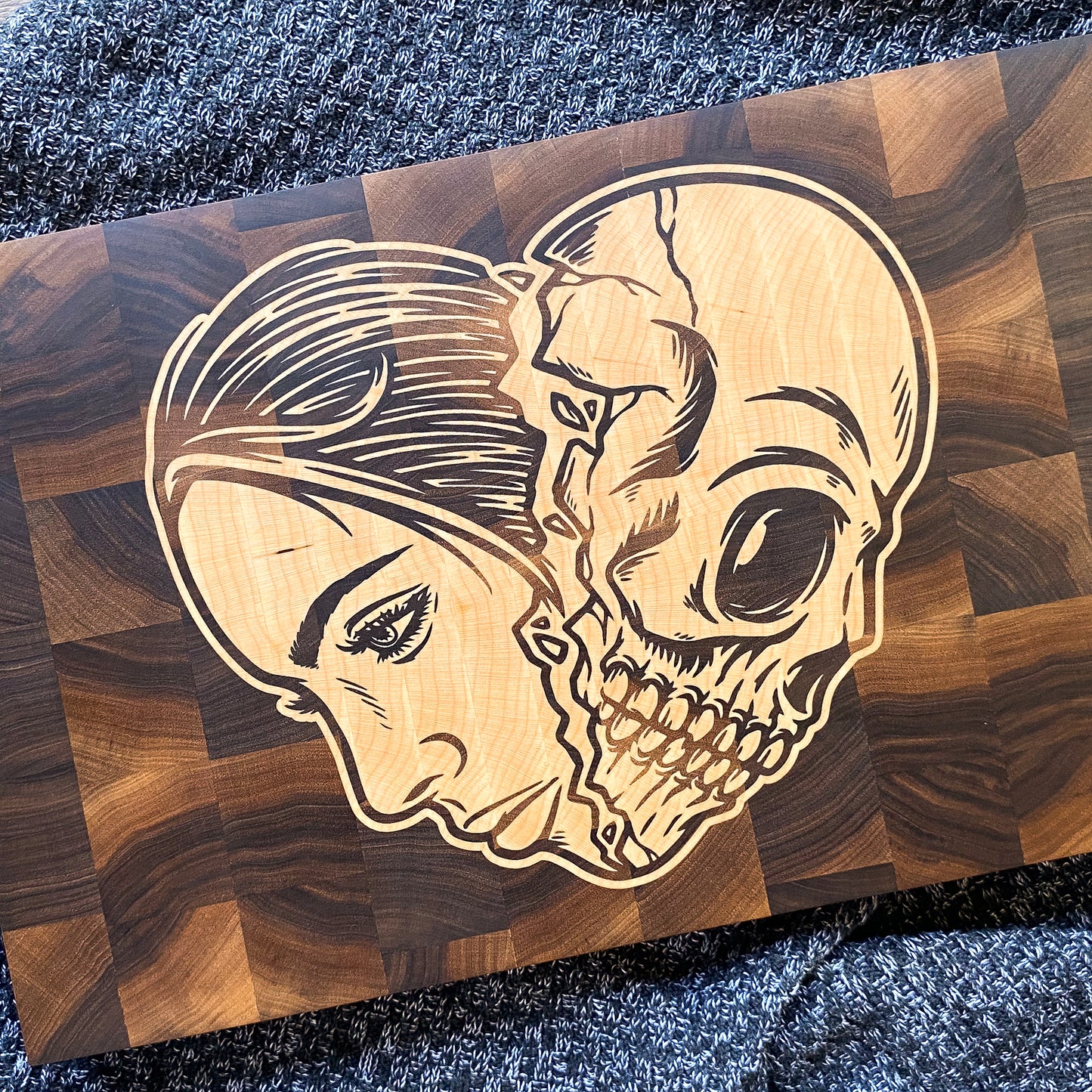 Wood inlay cutting board - skull girl design
