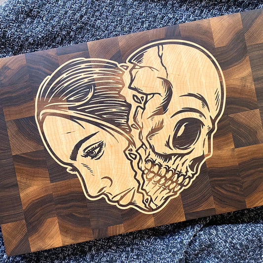 Wood inlay cutting board - skull girl design
