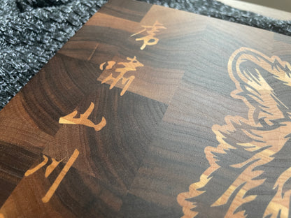 Wood inlay cutting board - tiger design